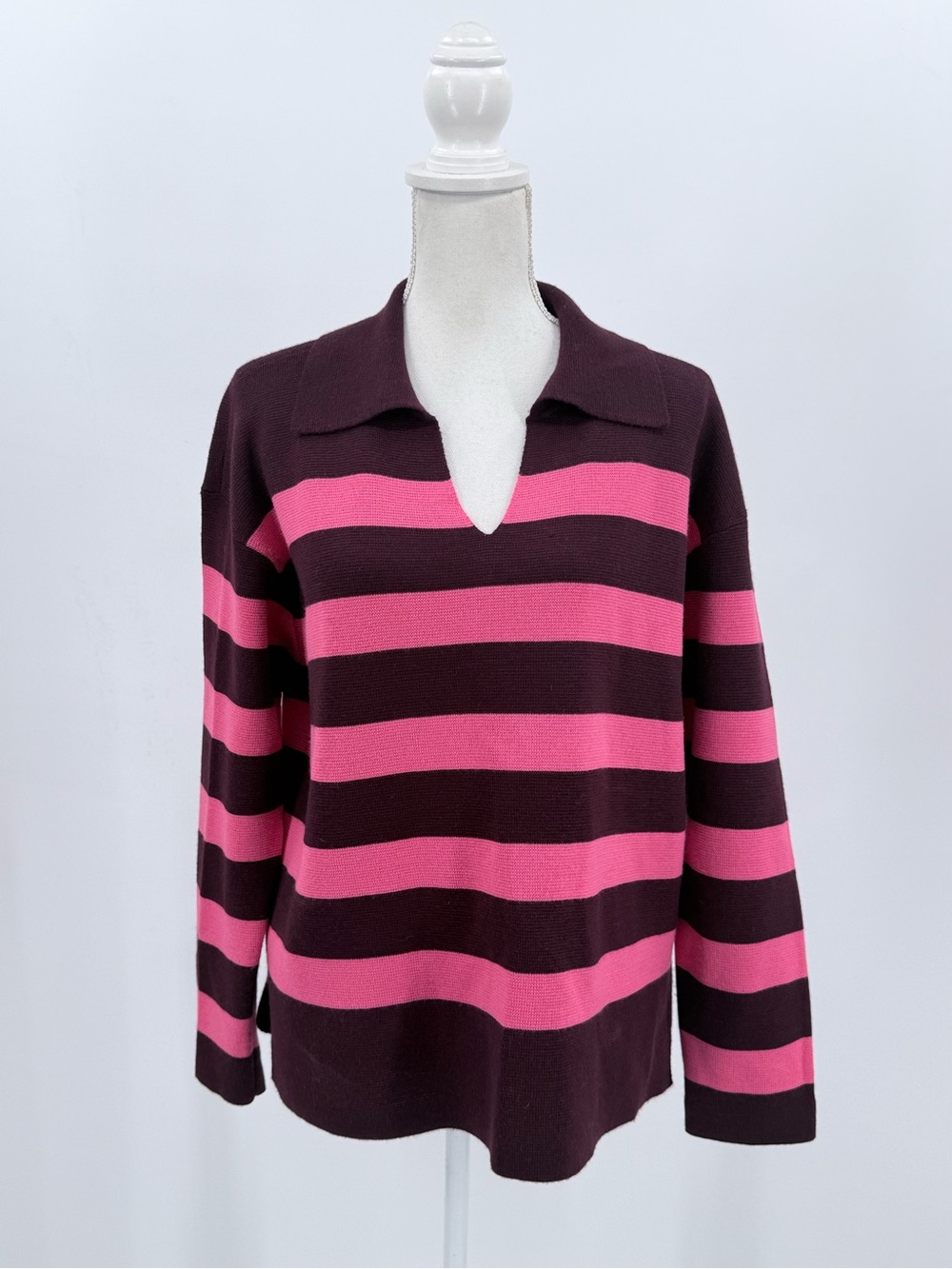Talbots Petite XLP Burgundy Pink Striped Wool Blend Open V Neck Collared Sweater
